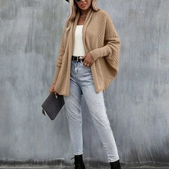 Shein Shawl Collar Batwing Sleeve Textured Knit Cardigan - Picture 1 of 3